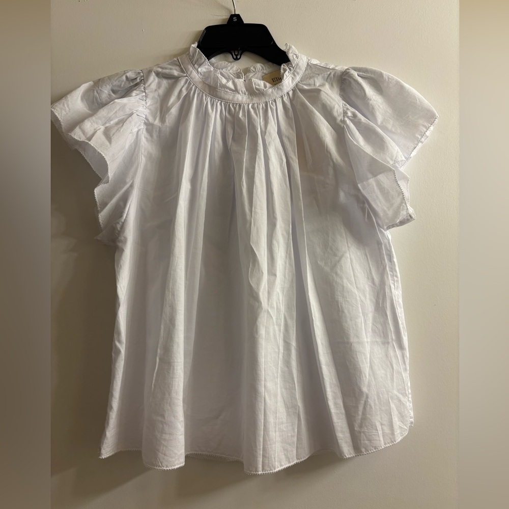 Ellie Tahari White Ruffled Neck and Sleeves Cotton Blouse